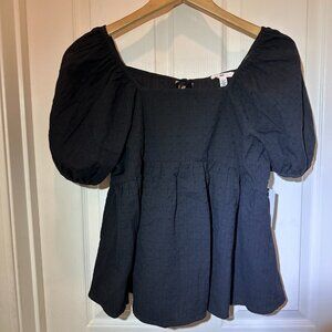 BP. 100% Cotton Square Neck Puff Sleeve Black Short Sleeve Blouse Top M NWT